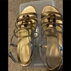 Stuart Weitzman Strapped Gold Sandal with Tortoise Shell, 9 1/2